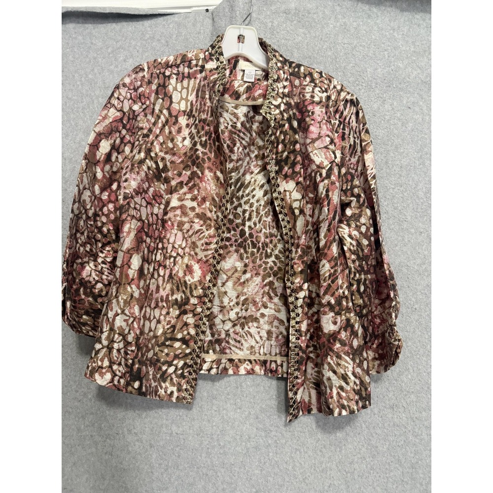 Chico's Jacket Womens 0 Brown Linen Blend Animal Print Beaded Open Front